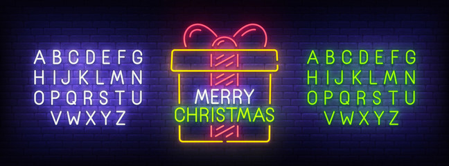 Merry Christmas neon sign, bright signboard, light banner. Christmas and Happy New Year logo. Neon sign creator. Neon text edit. Vector illustration