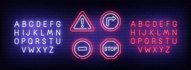 Road neon sign, bright signboard, light banner. Warning sing. Neon sign creator. Neon text edit. Design template. Vector illustration