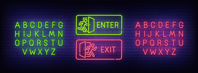 Enter neon sign, Exit neon sign. bright signboard, light banner. Neon text edit. Design template. Vector illustration