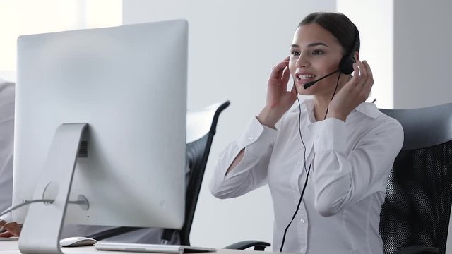 Call Center. Woman Operator In Headset On Hotline Support
