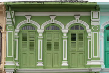 Phuket old town : Sino-Portuguese Architecture buildings. This architectural style is European mixed with Chinese modern, Thailand. Ancient window.