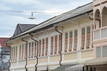 Phuket old town : Sino-Portuguese Architecture buildings. This architectural style is European mixed with Chinese modern, Thailand. Ancient window.
