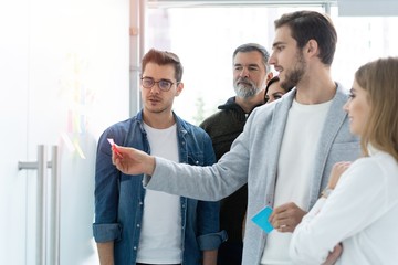 business, education and office concept - business team with flip board in office discussing something