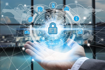 Businessman hand holding network using padlock over the Network connection technology