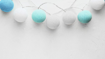 Christmas balls circle turquoise green on white background, flatlay, copyspase, day, close up, flatlay