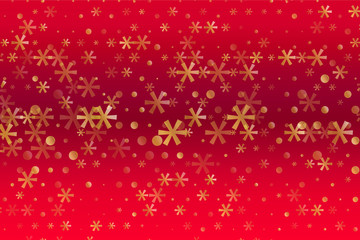 Winter pattern with Golden stars and snowflakes on red blurred background. Scalable vector graphic