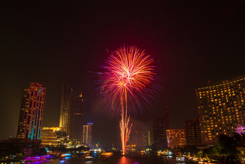 Fireworks at Loy Krathong Festival Chao Phraya River at night Bangkok Thailand