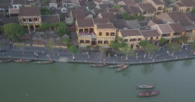 Aerial view of Hoi An old town or Hoian ancient town. Royalty high-quality free stock video footage top view rooftop of Hoi An old town. Hoi An old town is UNESCO world heritage site