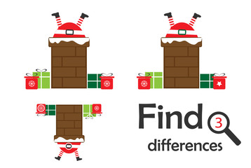 Find 3 differences, christmas game for children, Santa in chimney cartoon, education game for kids, preschool worksheet activity, task for the development of logical thinking, vector illustration - 237836516