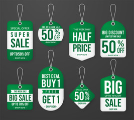 set of promotion price tag label template design with green color vector eps 10, discount, special offer, big sale, best saller, limited edition, super sale, half price.