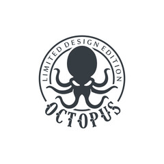 Template for logos, labels and emblems with white silhouette of octopus. Vector illustration.