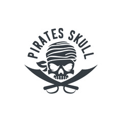 Pirate Skull And Ship Helm Logo Design Vector Illustration, emblem in monochrome vintage style isolated on white background