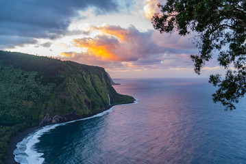Waipio Valley sunset over the ocean
