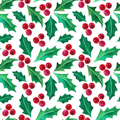 Watercolor seamless pattern of New Year's style. Holly plant christmas.
