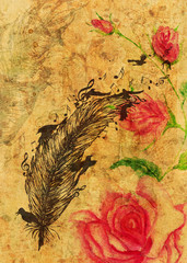 Naklejka premium Roses and feather with birds