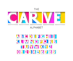 Carve font and alphabet vector numbers and letters for bright design