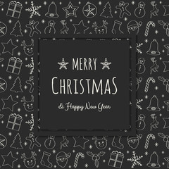Design of Christmas greeting card with with hand drawn decorations. Vector.