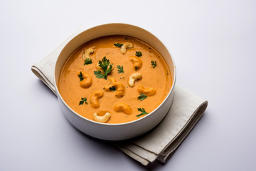 Cashew Curry / Indian kaju masala served in a bowl or pan. selective focus