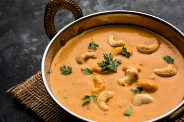 Cashew Curry / Indian kaju masala served in a bowl or pan. selective focus