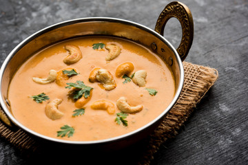 Cashew Curry / Indian kaju masala served in a bowl or pan. selective focus