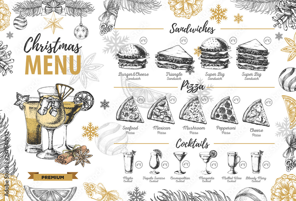 Wall mural Hand drawing Christmas holiday menu design. Restaurant menu