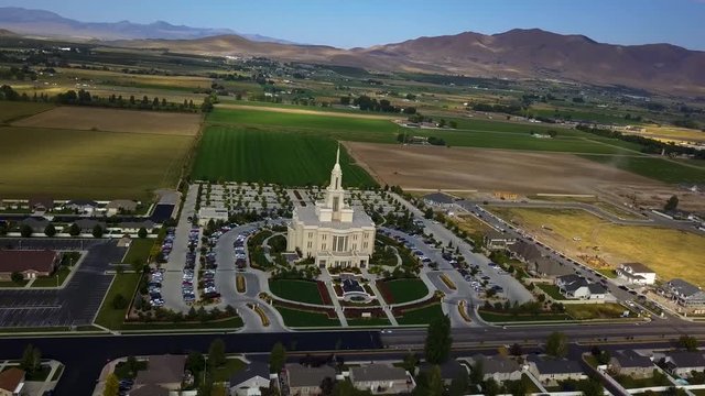 Aerial view of the Church of Jesus Christ of Latter Day Saints temple in Payson, UT on a beautiful clear September morning.