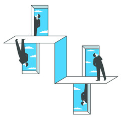 Businessman looking at the window against blue cloudy sky. Impossible objects concept illustration. Layered file.