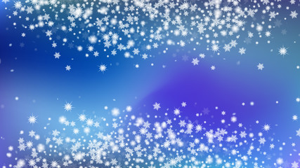 Glitter Snowflakes Background. Card or banner with flakes confetti scatter frame, snow elements. Festive illustration for christmas card. Gradient base.