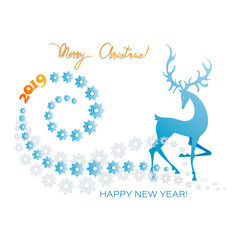 Winter deer. Merry Christmas! Happy New Year 2019! Poster, card, invitation card, a festive message with a deer, snowflakes and space for text. Design for an entertainment program, a Christmas tale.
