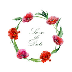 Greeting card. Hand drawn watercolor illustration. Wreath of red poppy flowers.  Label with text in round frame. Design element for invitations, weddings, holidays.