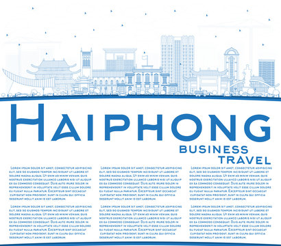 Outline Haiphong Vietnam City Skyline with Blue Buildings and Copy Space.