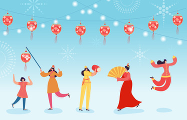 Chinese Lunar New Year Dance Characters, happy dancer in china traditional costume holding lanterns on parade or carnival, people in cartoon style vector illustration
