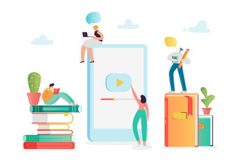 Online Education Concept with Students Characters Learning on Webinar. E-learning Technology, Internet Library, Graduation, Distant Training Courses. Vector illustration