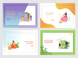 Financial Investment Business Success Landing Page Template. Savings, Currency Exchange Concept with Characters and Money for Website or Web Page. Vector illustration