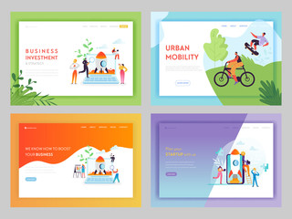 Business Investment Startup Landing Page Template. Career Boost Concept with Characters Launches Rocket Using Mobile Devices for Website or Web Page. Vector illustration