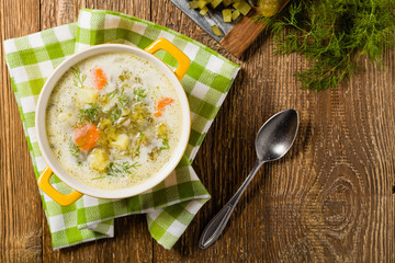 Traditional cucumber soup with pickled cucumbers.