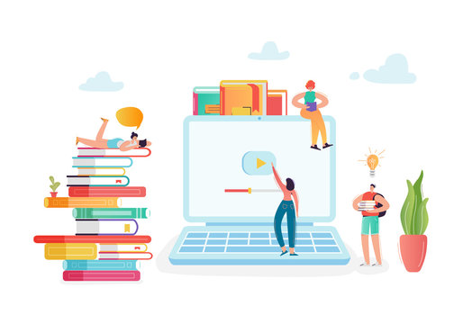Online Education Concept with Students Characters Learning on Webinar. E-learning Technology, Internet Library, Graduation, Training Courses. Vector illustration