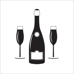 Bottle of champagne wine with two glasses. Linear illustration.