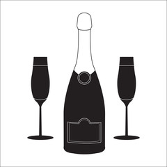 Bottle of champagne wine with two glasses. Linear illustration.