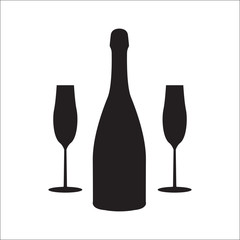 Bottle of champagne wine with two glasses. Linear illustration.