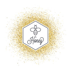 Honey on golden glitter. Bee and honeycomb abstract background