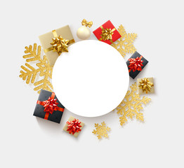 Christmas and New Year poster with round frame, colorful top view gifts and gold snowflakes.