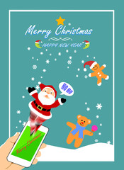 people hand touching on smartphone to sent message with Santa Claus and friends cheerful at Christmas time ,happy new year,greeting.