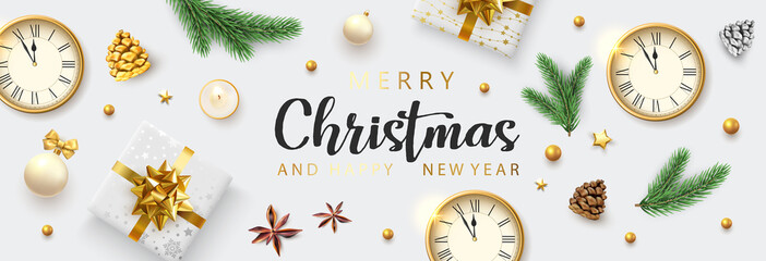 Merry Christmas and Happy New Year banner with clock, gifts and holiday decorations.