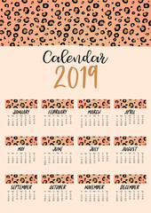 Brown yellow monthly calendar 2019 with leopard skin.Can be used for web,banner,poster,label and printable