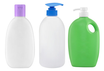 blank bottles of shampoo, conditioner and hair protector products isolated on white