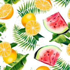 Behang Watermeloen Naadloos patroon met tropische bladeren, watermeloenen en sinaasappelen.