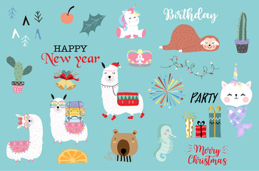 Blue hand drawn cute card with unicorn,sea horse,cactus, bear,sloth,gift and firework.Happy new year.Merry Christmas