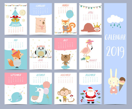 Doodle calendar set 2019 with Santa Claus;christmas tree, bear, squirrel,sloth,fox,owl,llama,monkey,rabbit,flamingo for children.Can be used for printable graphic