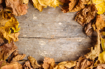 Brown leaves on the empty wooden table
